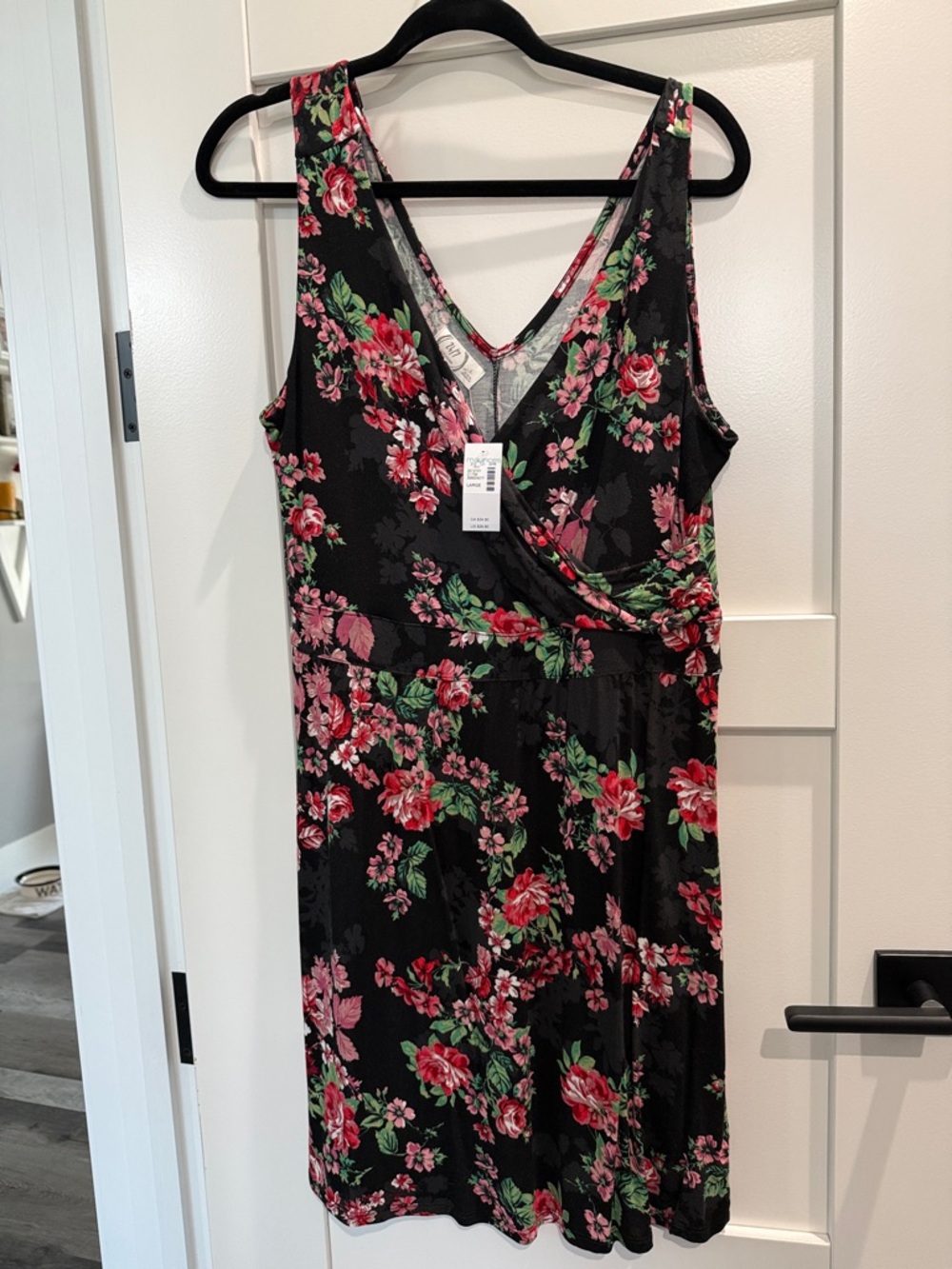 Maurices Black Floral Wrap-Style Midi Dress with Pink & Green Accents